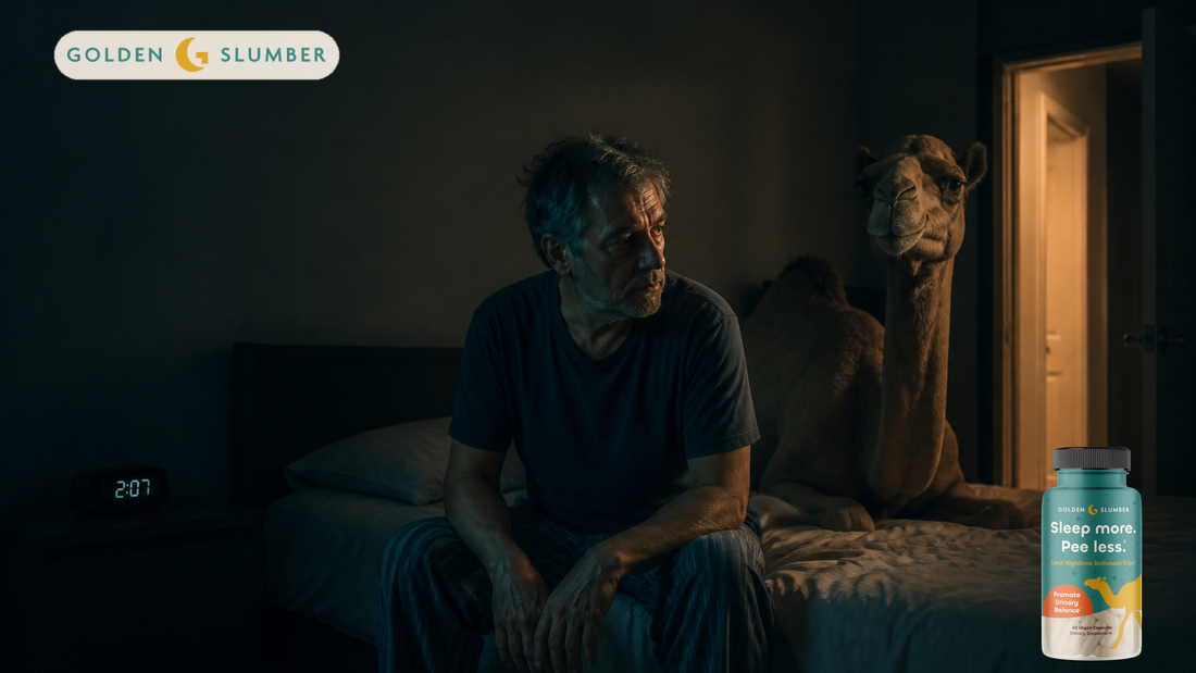 Man at 2am with a camel on the bed and a Golden Slumber bottle. Cream GOLDEN SLUMBER lockup, no headline.